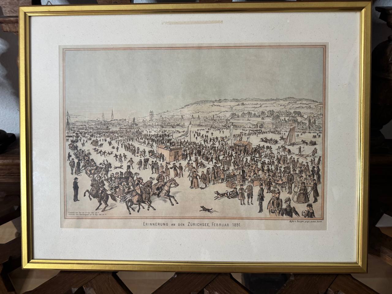 Erinnerung an den Zürichsee, Februar 1891 (Seegfrörni) – Kolorierte Lithographie von Hofer & Burger