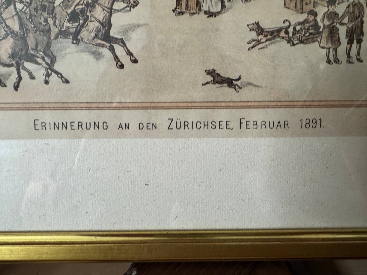 Erinnerung an den Zürichsee, Februar 1891 (Seegfrörni) – Kolorierte Lithographie von Hofer & Burger — Vorderseite