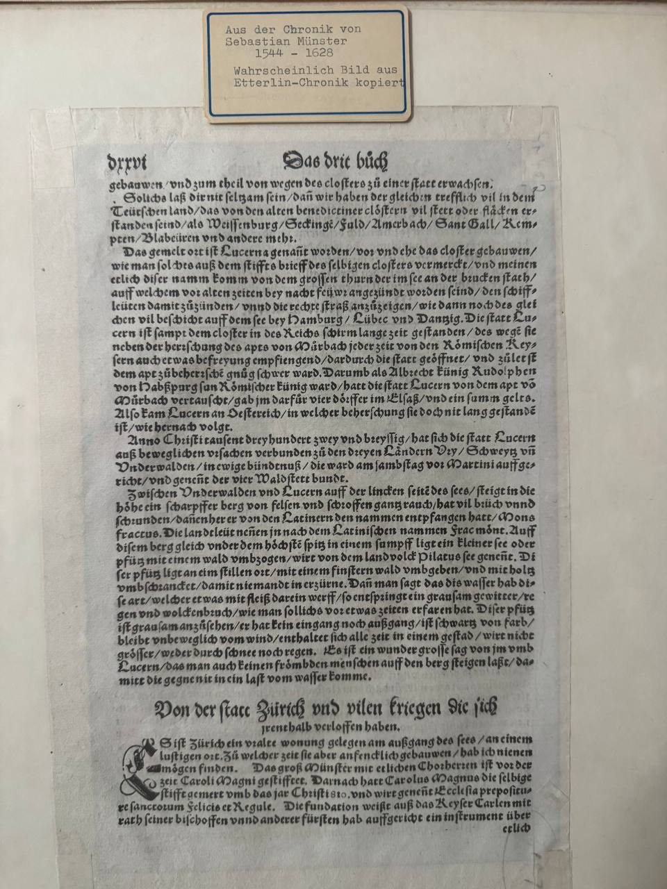 Luzern Stadtansicht – Original-Holzschnitt aus Sebastian Münsters Cosmographia, 16. Jahrhundert — Rückseite