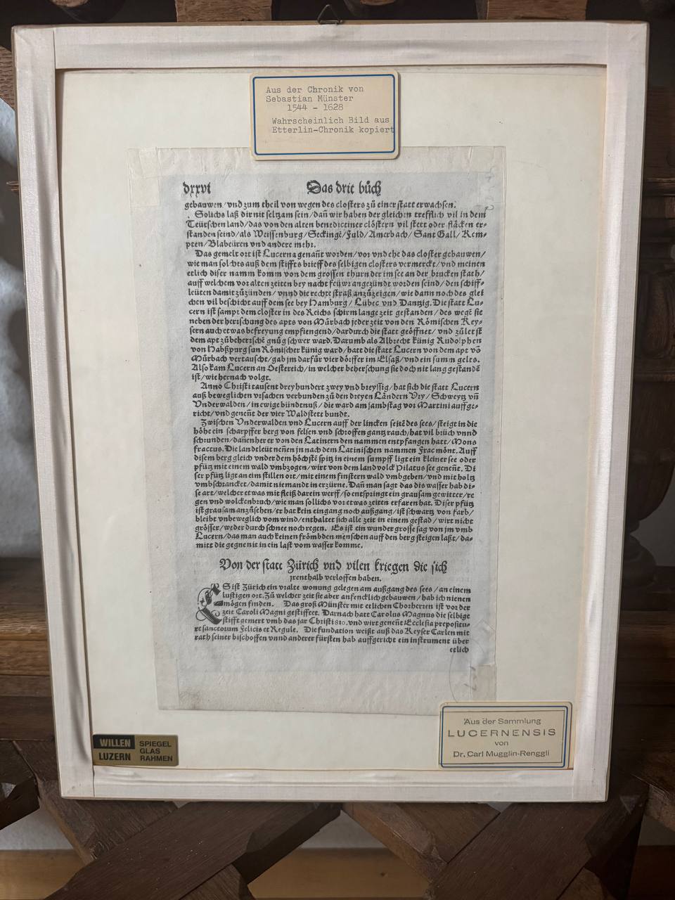 Luzern Stadtansicht – Original-Holzschnitt aus Sebastian Münsters Cosmographia, 16. Jahrhundert — Rückseite