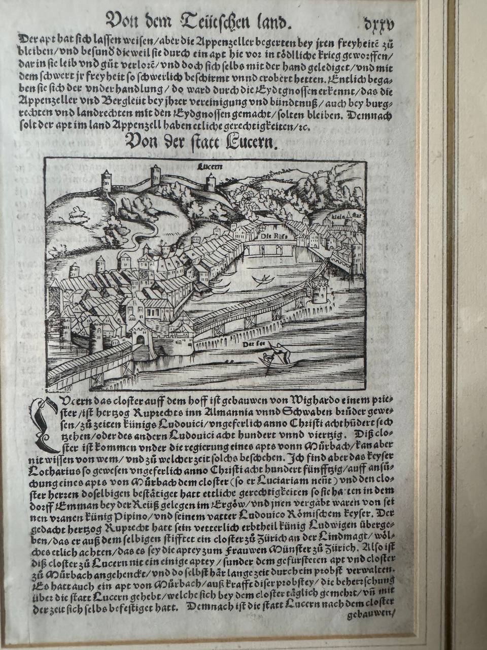 Luzern Stadtansicht – Original-Holzschnitt aus Sebastian Münsters Cosmographia, 16. Jahrhundert — Rückseite
