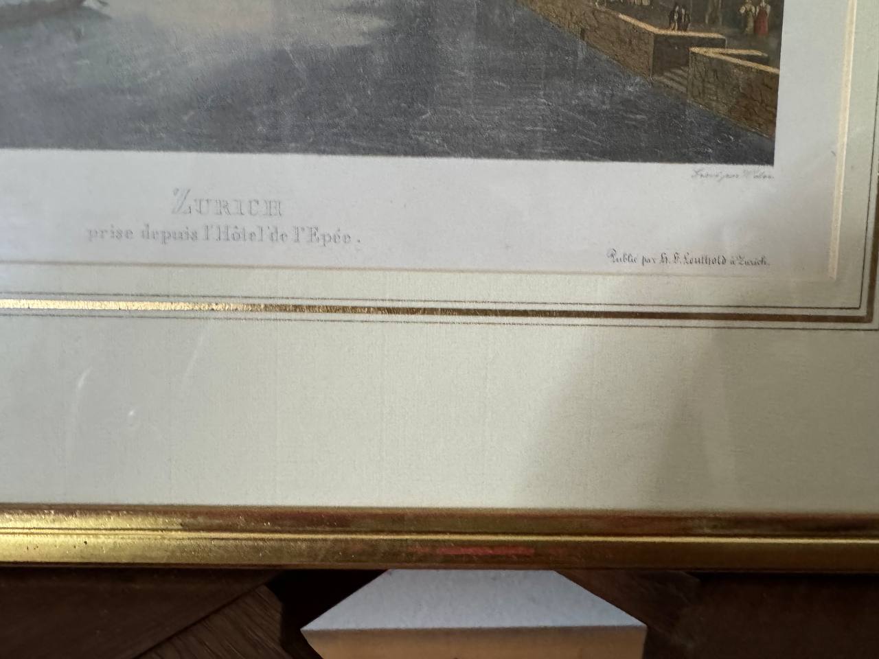 Zürich – Ansicht vom Hôtel de l'Épée, kolorierte Lithographie nach Corrodi, 1837 — Inschrift