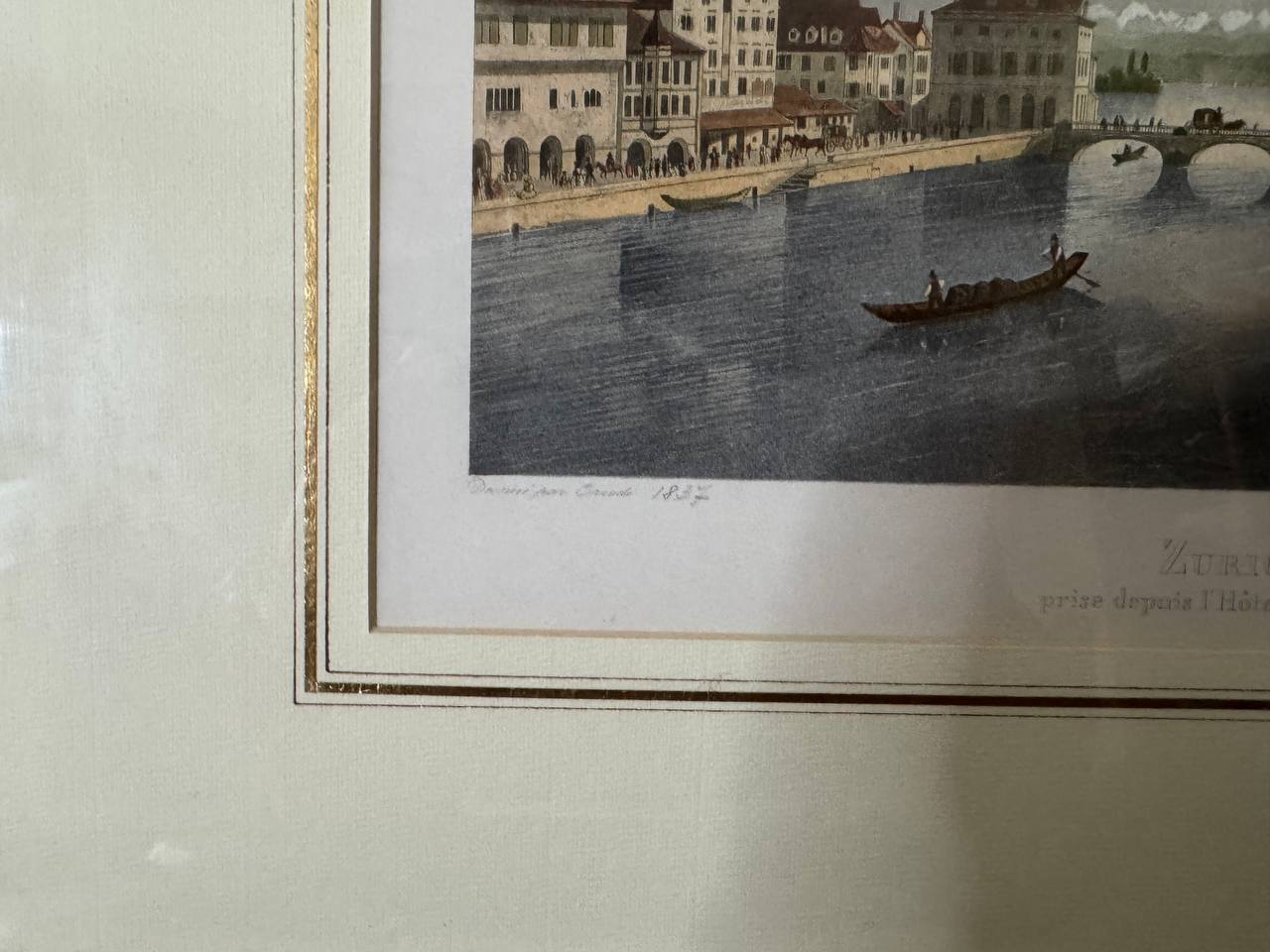 Zürich – Ansicht vom Hôtel de l'Épée, kolorierte Lithographie nach Corrodi, 1837 — Inschrift