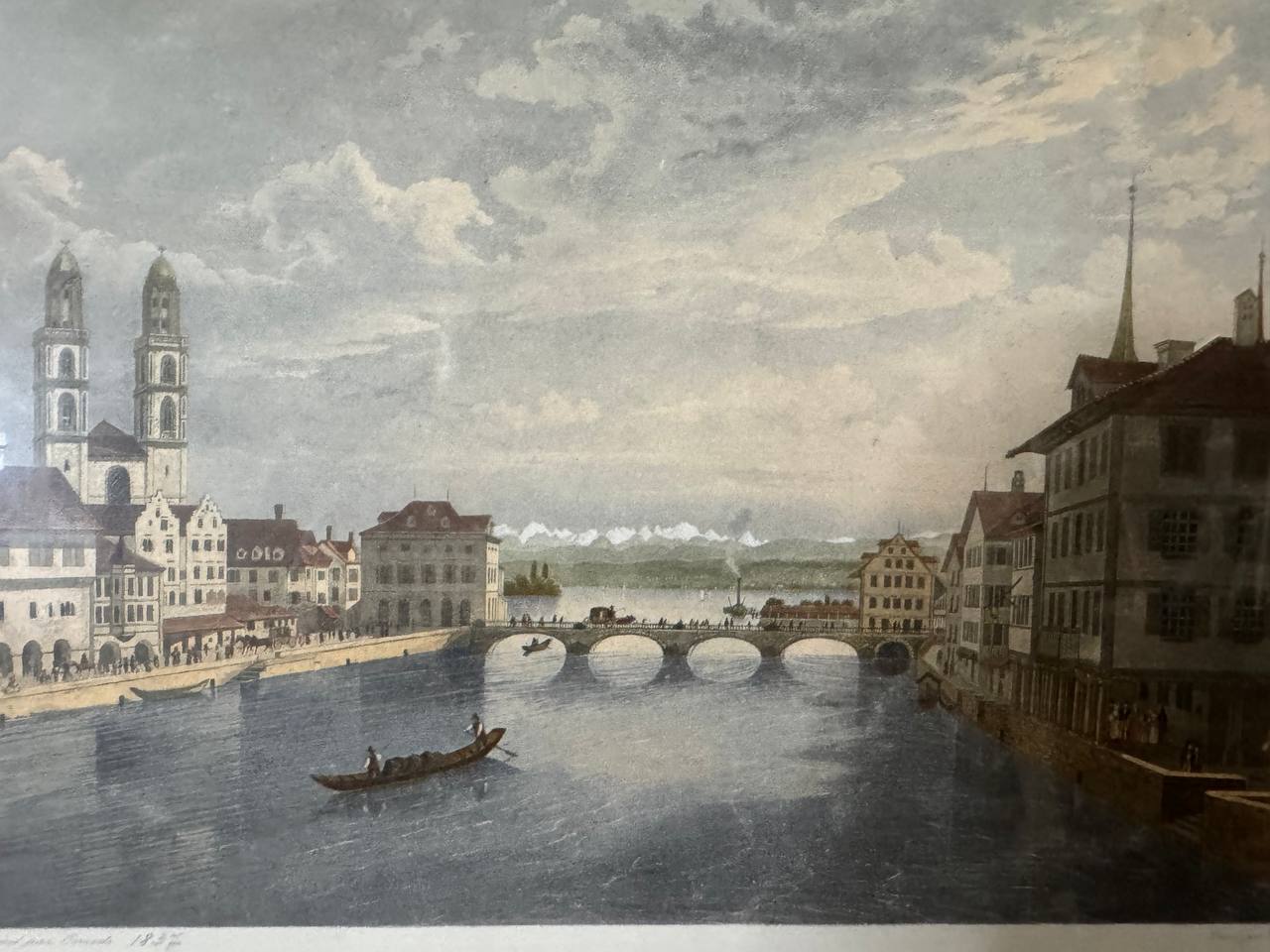 Zürich – Ansicht vom Hôtel de l'Épée, kolorierte Lithographie nach Corrodi, 1837 — Rahmen