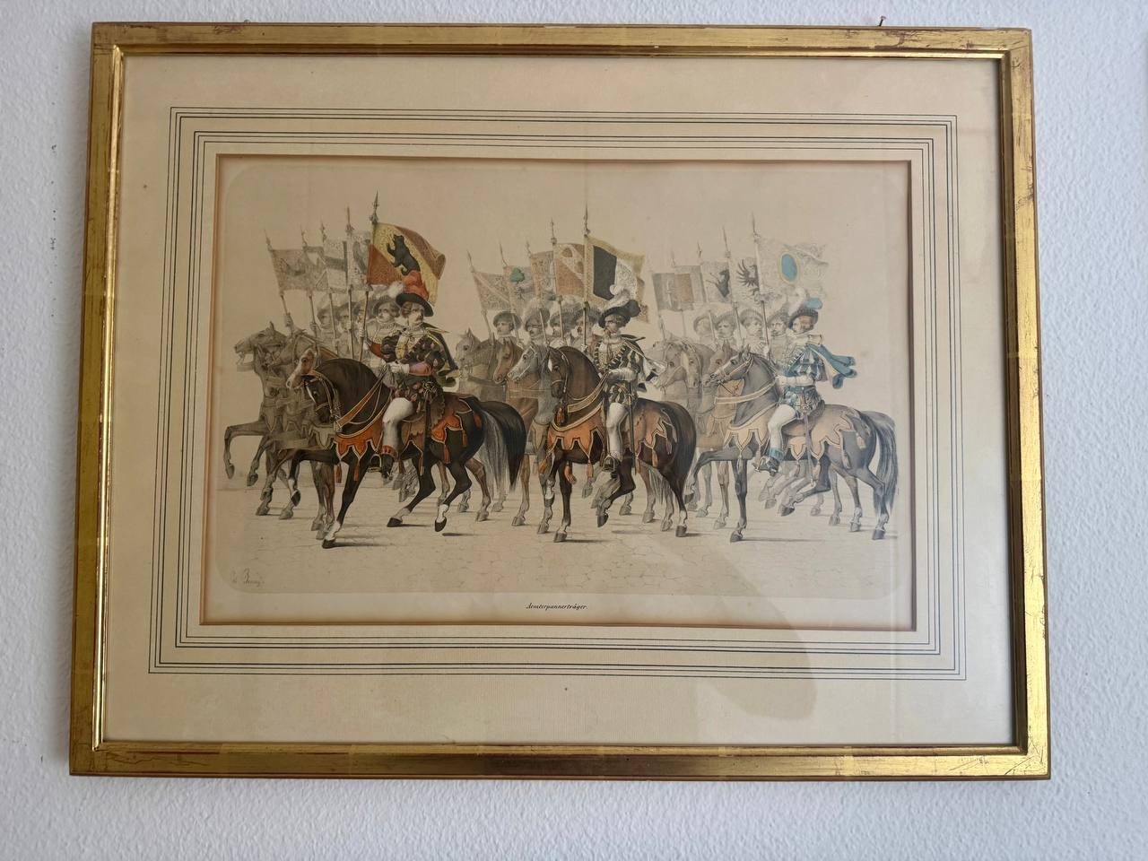 Aemterpannerträger – Historischer Reiterumzug mit Schweizer Kantonswappen, kolorierte Lithographie