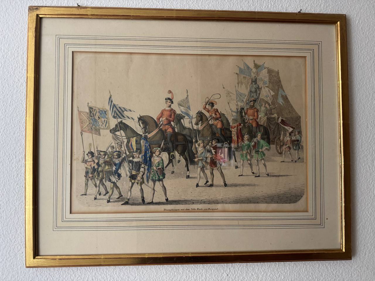 Triumphwagen mit dem Zelte Karls von Burgund – Kolorierter Stahlstich, 19. Jahrhundert