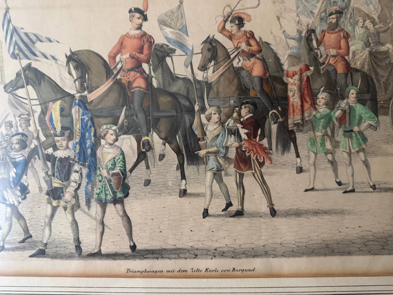 Triumphwagen mit dem Zelte Karls von Burgund – Kolorierter Stahlstich, 19. Jahrhundert — Inschrift