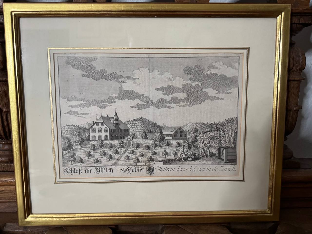 Utickon – Schloss im Zürich Gebiet, Kupferstich von David Herrliberger nach J.C. Nözli, um 1750
