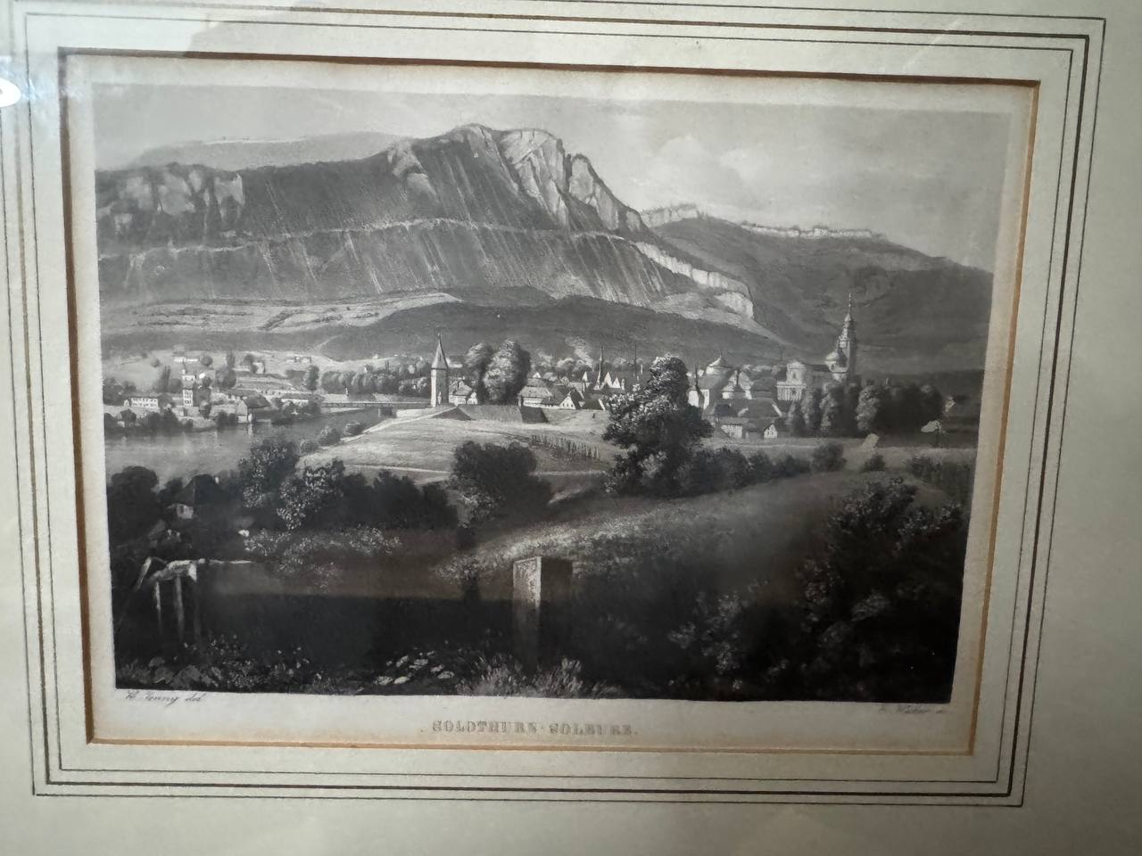 Solothurn – Vedute der Stadt mit Weissenstein, Stahlstich 19. Jahrhundert — Inschrift