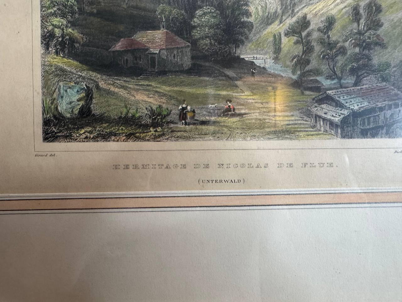 Einsiedelei des Niklaus von Flüe (Unterwalden) – kolorierter Stahlstich, Girard / Bichop, ca. 1840 — Inschrift
