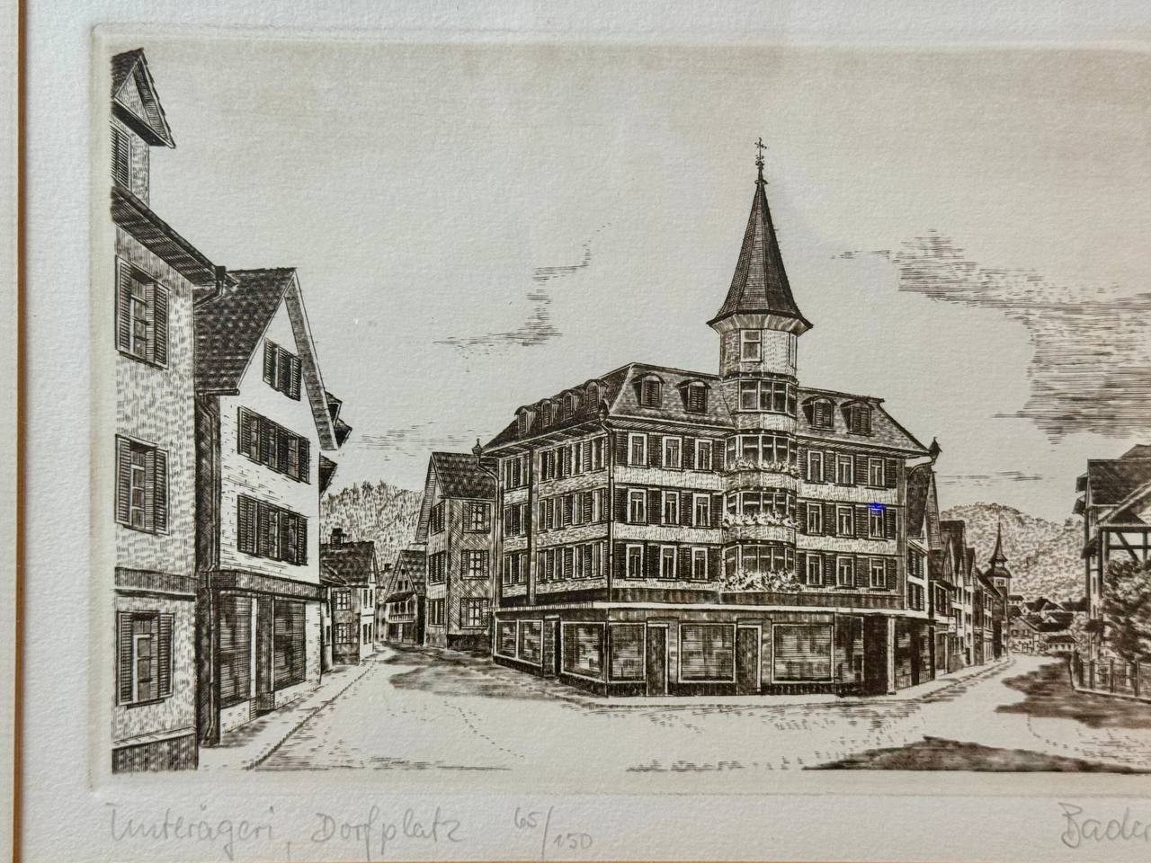Unterägeri, Dorfplatz – Originalkupferstich Nr. 65/150, Werner Bader (1983)