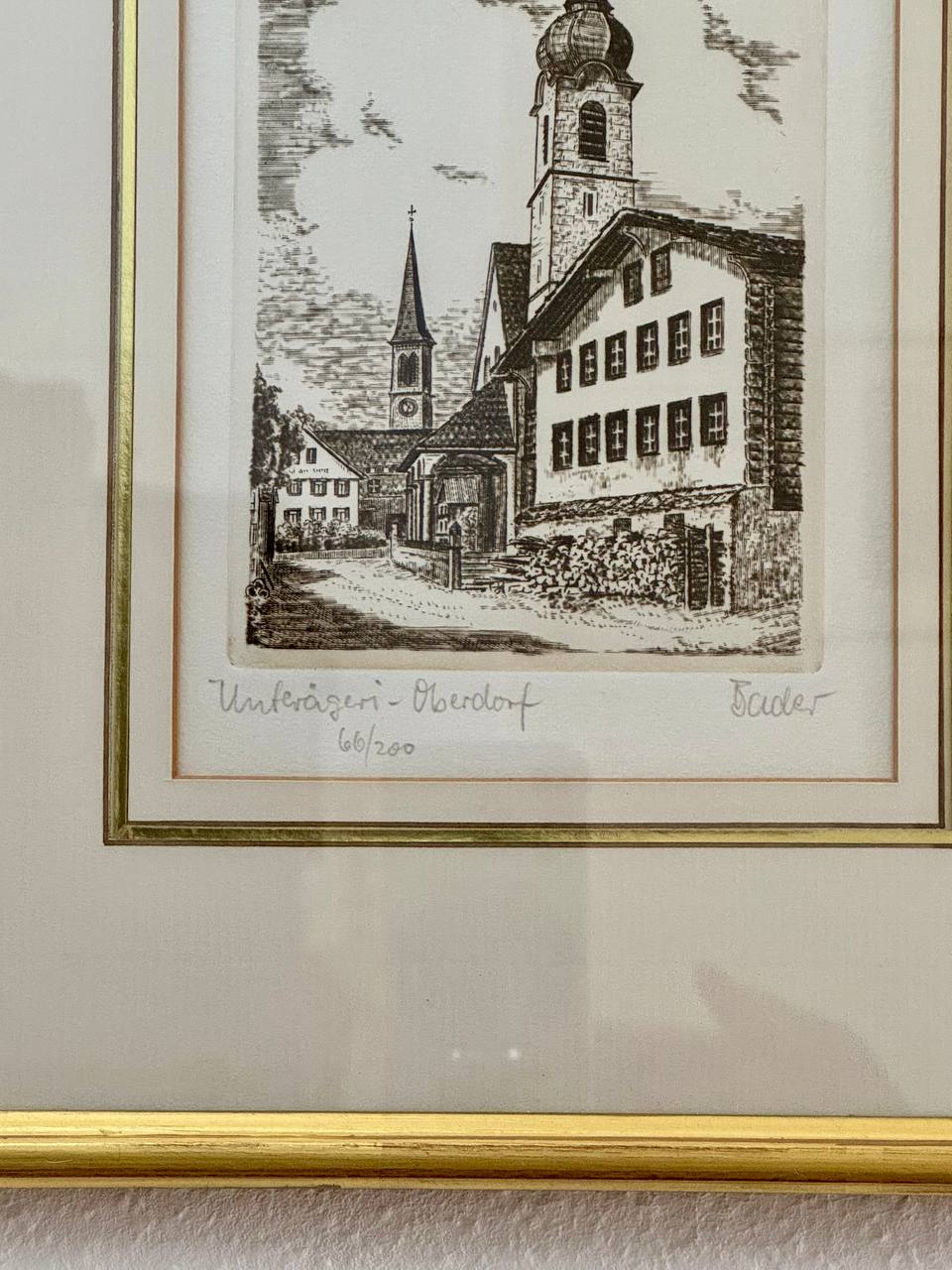 Unterägeri-Oberdorf – Originalkupferstich Nr. 66/200, signiert Werner Bader, 1983 — Inschrift