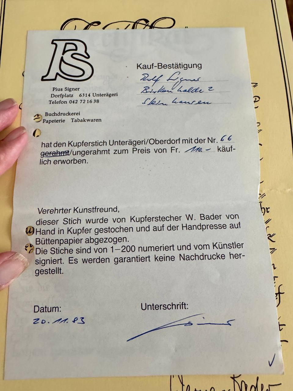 Unterägeri-Oberdorf – Originalkupferstich Nr. 66/200, signiert Werner Bader, 1983 — Inschrift