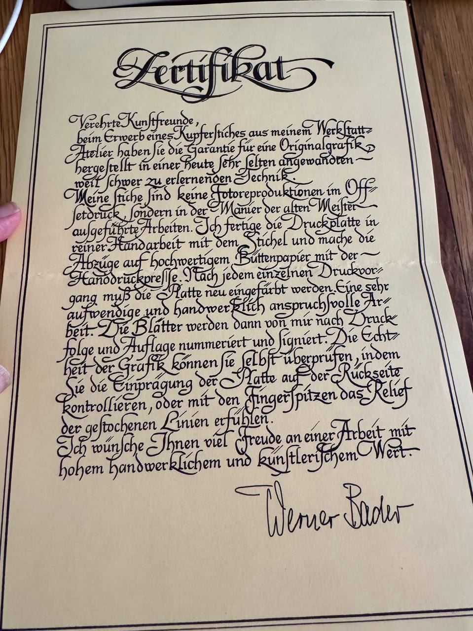 Unterägeri-Oberdorf – Originalkupferstich Nr. 66/200, signiert Werner Bader, 1983 — Inschrift