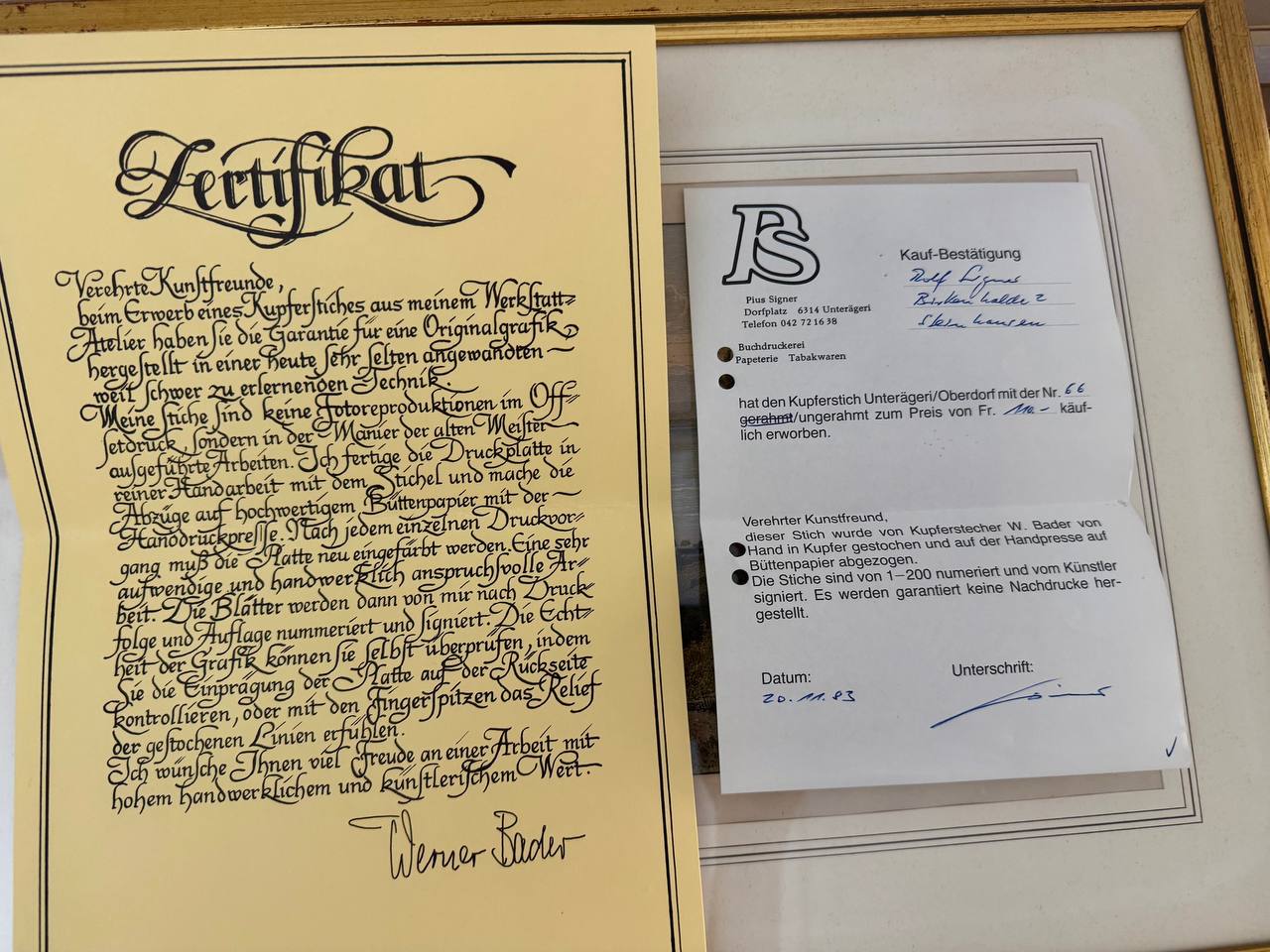 Unterägeri-Oberdorf – Originalkupferstich Nr. 66/200, signiert Werner Bader, 1983 — Kontext