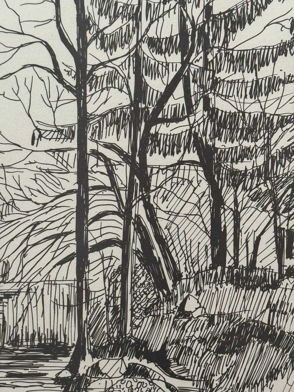 Bergwald mit Bach und Boot — Original-Federzeichnung, handsigniert und nummeriert 51/100 (V. Schneider, 1993) — Inschrift