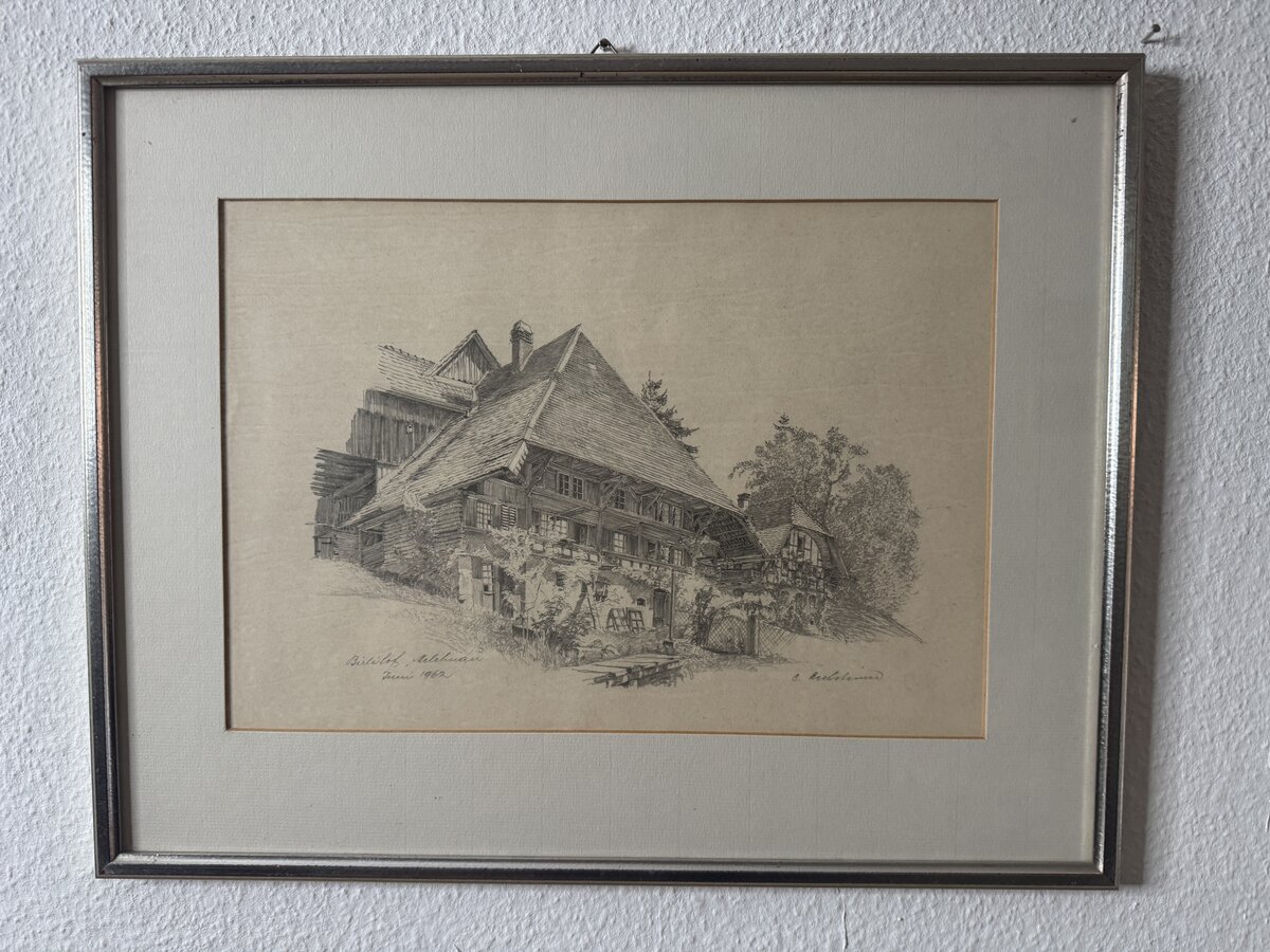 Birliloch, Mellibnau — Emmentaler Bauernhaus, Bleistiftzeichnung 1962