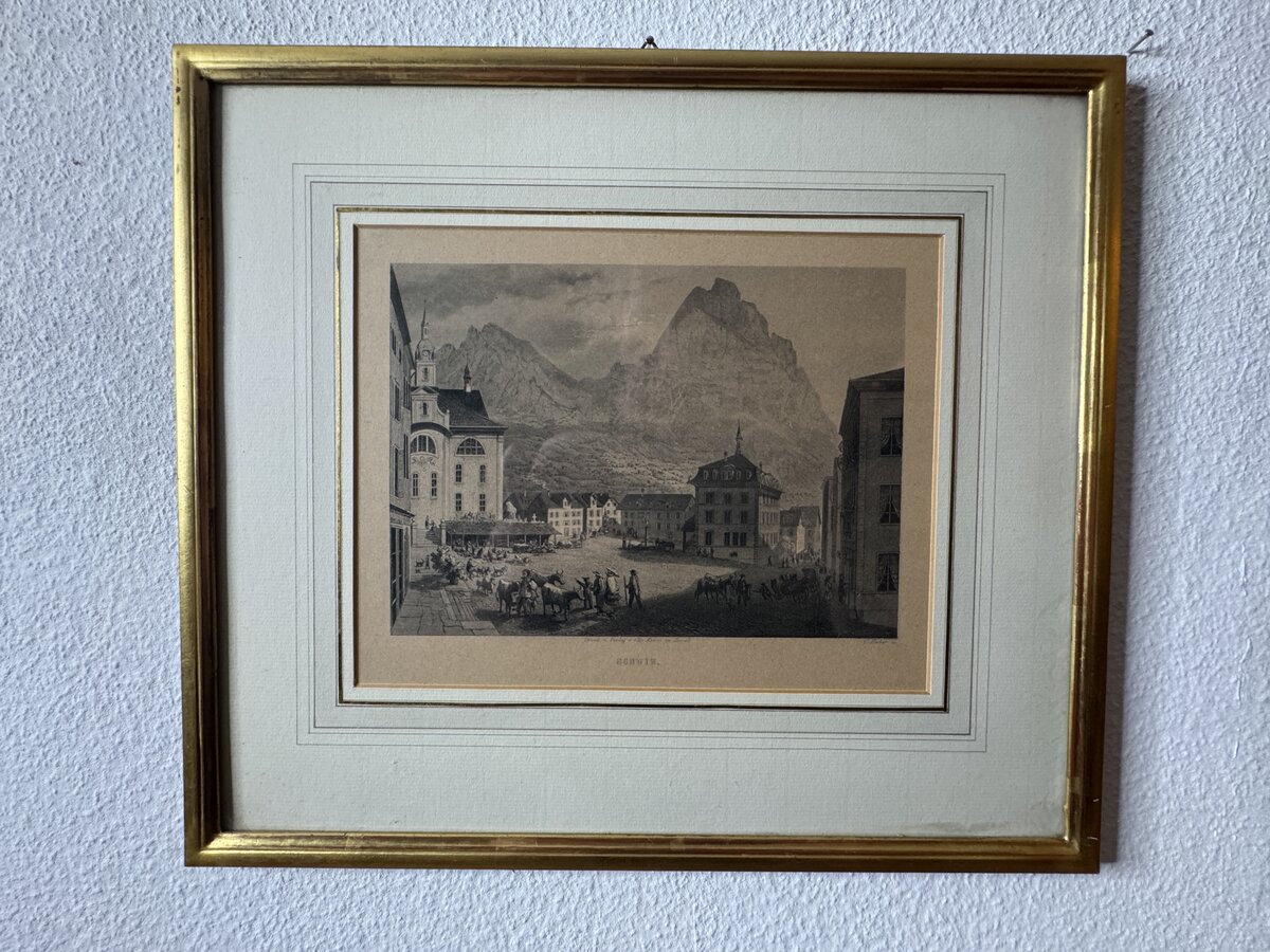 Schwyz – Marktplatz mit Mythen, Stahlstich von C. Huber, Verlag Chr. Krüsi Basel