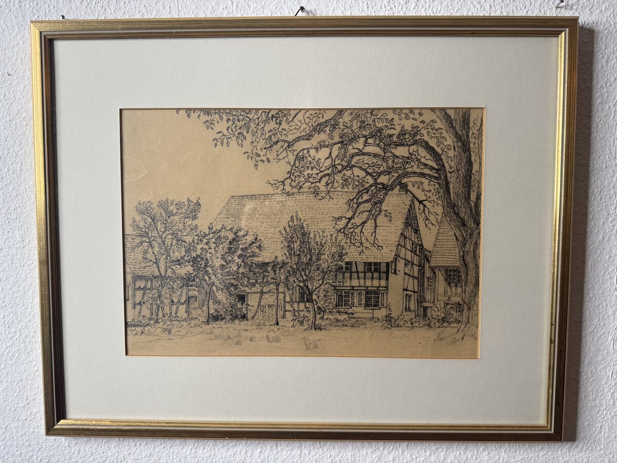 Altes Schweizer Bauernhaus mit Riegelfassade – Federzeichnung / Lithographie