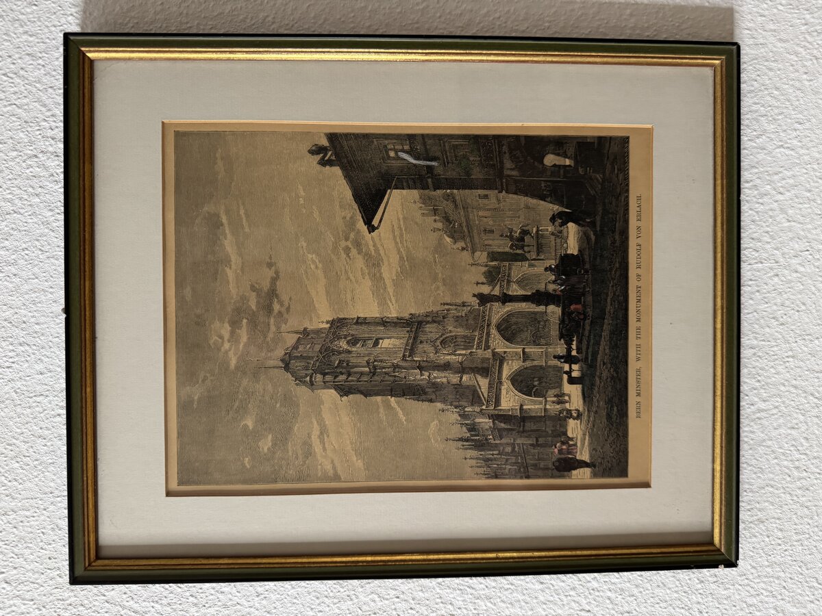 Berner Münster mit dem Denkmal des Rudolf von Erlach – kolorierter Holzstich