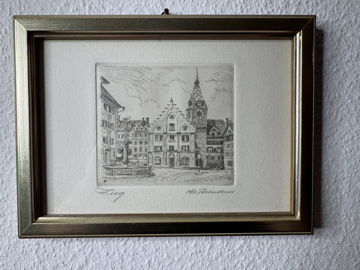 Zug – Kolinplatz mit Zytturm, Original-Radierung von Hans Portmann