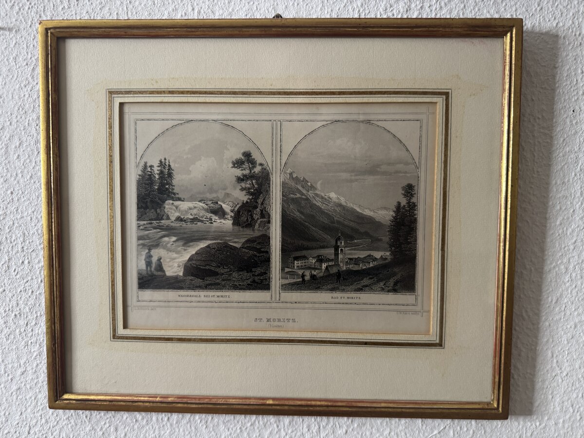 St. Moritz (Bündten) — Wasserfall bei St. Moritz & Bad St. Moritz, Doppelvedute nach Ludwig Rohbock