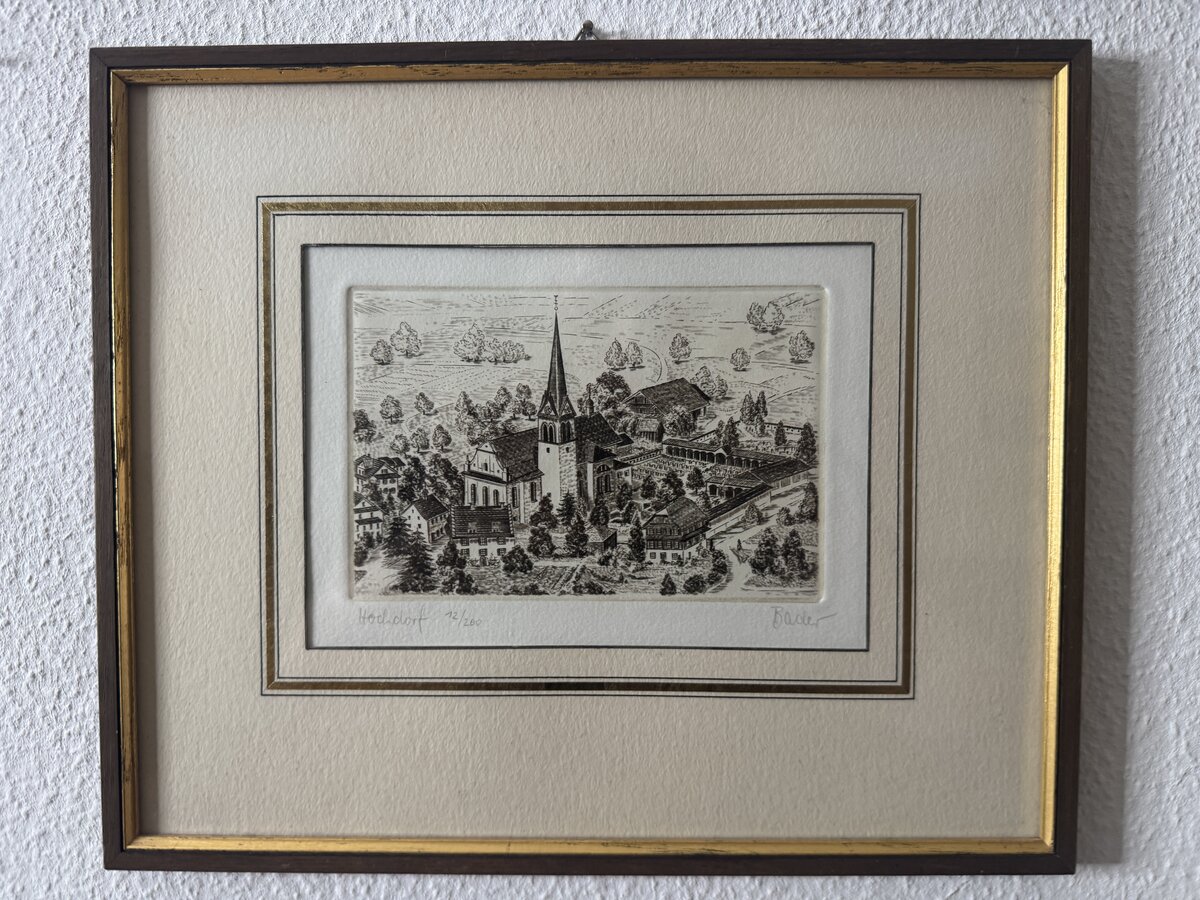 Hochdorf – Dorfansicht mit Pfarrkirche St. Martin, signierte Original-Radierung von Bader