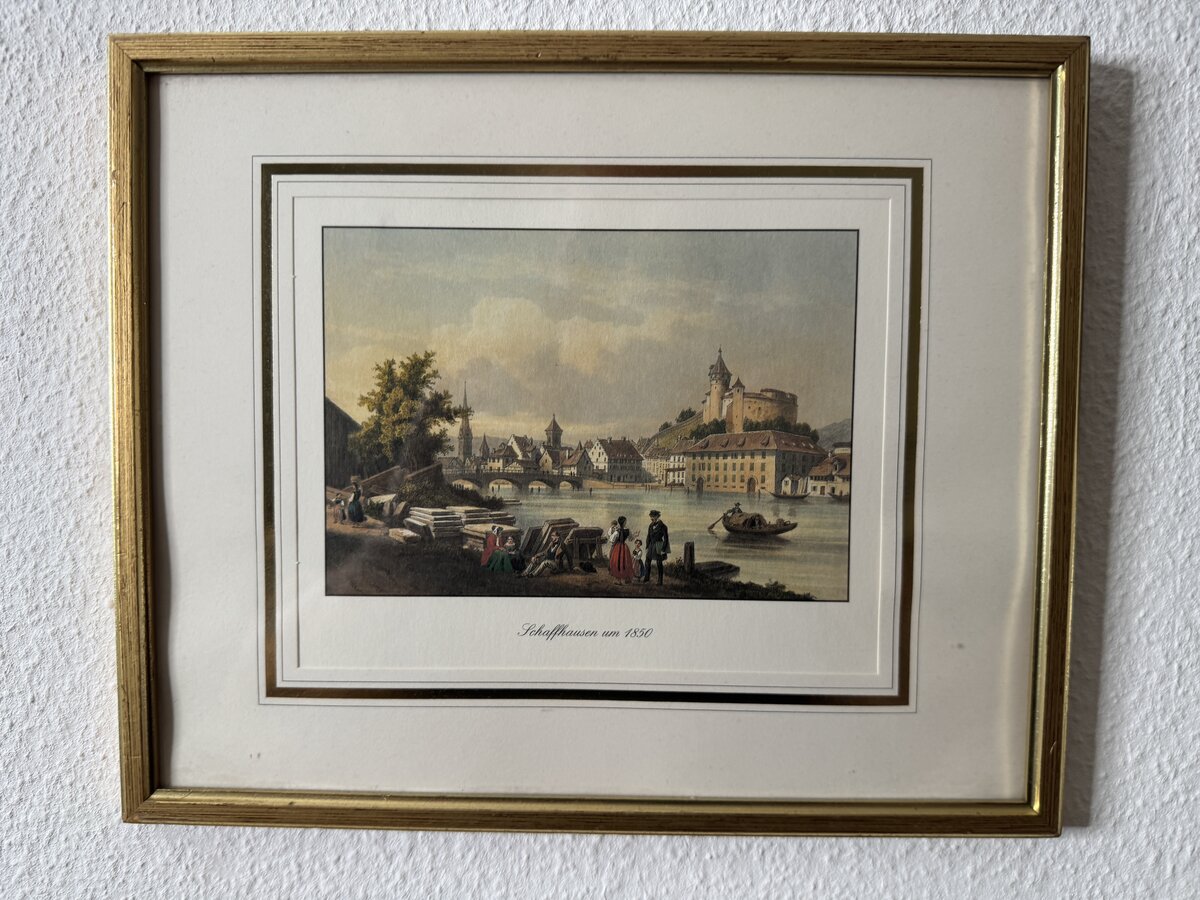 Schaffhausen um 1850 – Kolorierte Ansicht mit Rheinufer, Munot und Trachtenfiguren