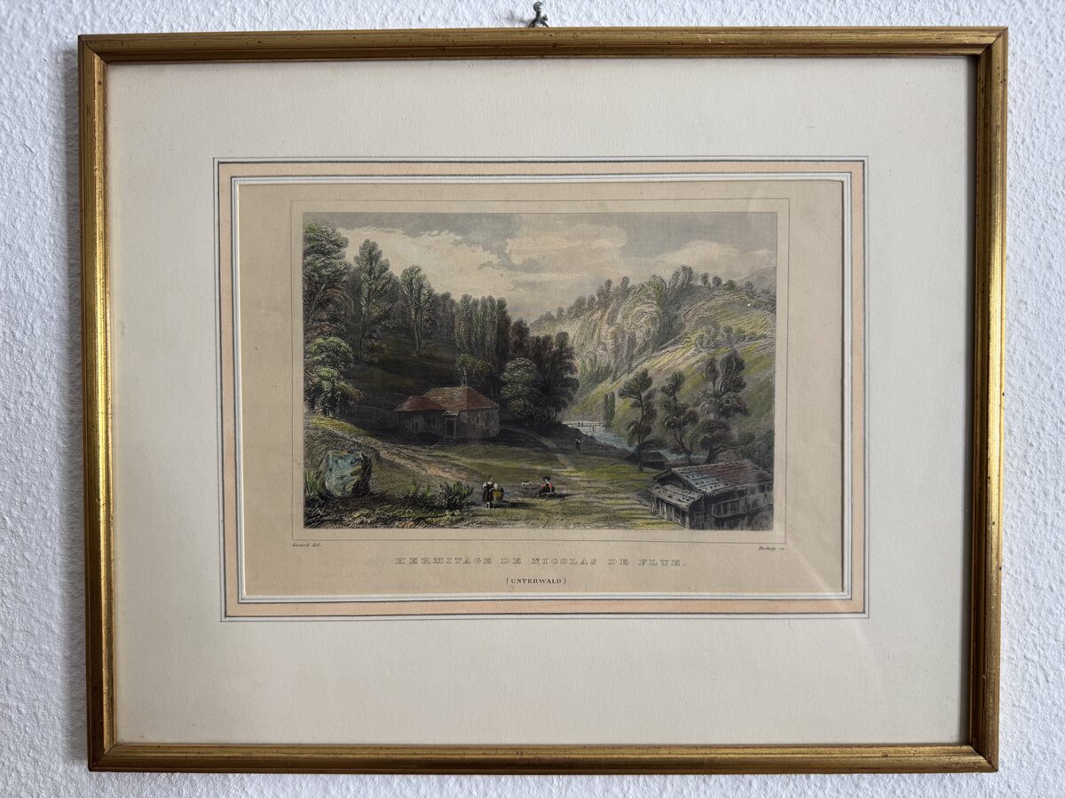 Hermitage de Nicolas de Flüe (Unterwalden) – Kolorierter Stahlstich der Ranft-Einsiedelei