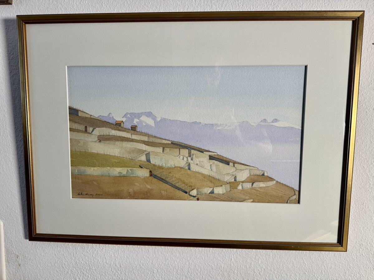 Weinbergterrassen des Lavaux mit Alpenblick über den Genfersee – Original-Aquarell von Michel Tenthorey, 2000