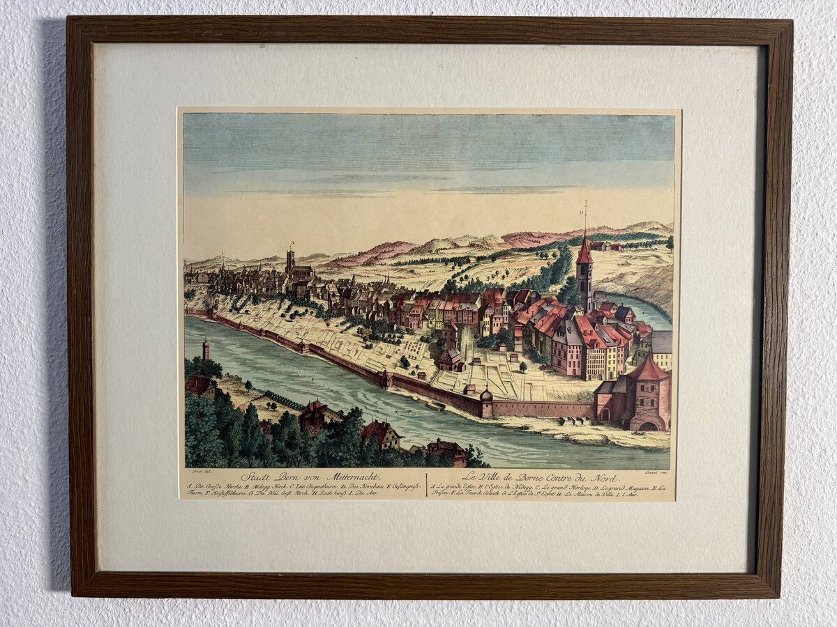 Stadt Bern von Mitternacht – Le Ville de Berne Contre du Nord. Kolorierter Kupferstich der Stadt Bern von Norden, 18. Augsburg um 1780Jahrhundert