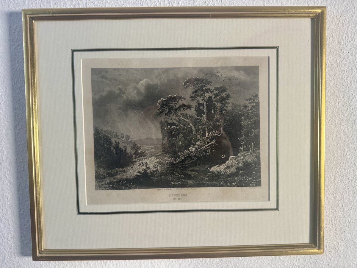 Hüneberg, Kanton Zug – Romantische Burgruine mit Sturmstimmung, Stahlstich von C. Huber