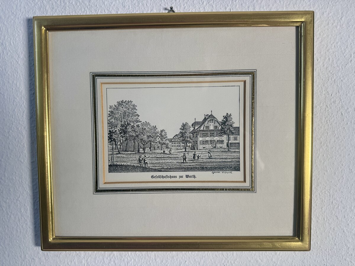 Gesellschaftshaus zur Warth in Hüneberg CT. Zug – Lithographie von A. Kleine, St. Gallen, um 1880