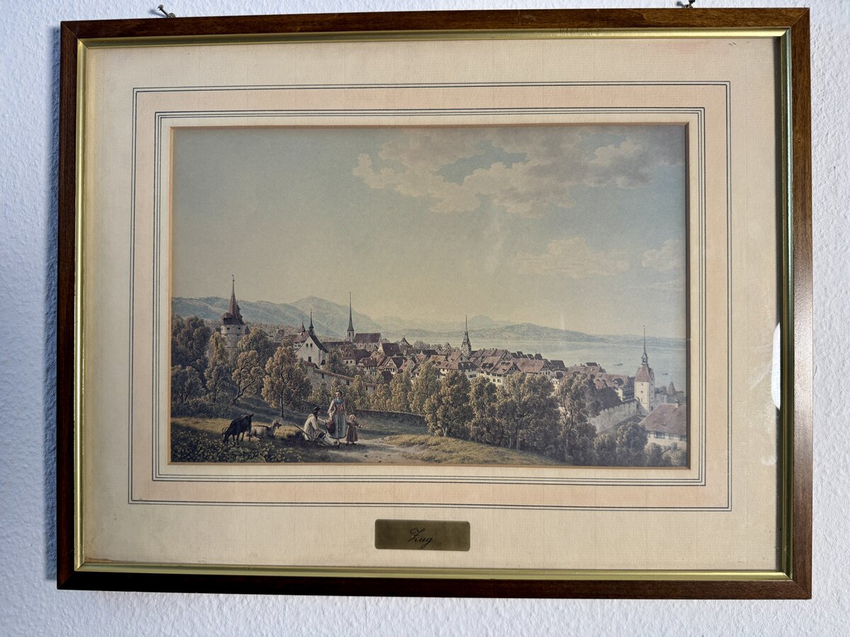 Zug – Kolorierte Ansicht der Altstadt am Zugersee mit Zurlaubenhof, Limitierte Reproduktion ALTARIPA Nr. 11/400