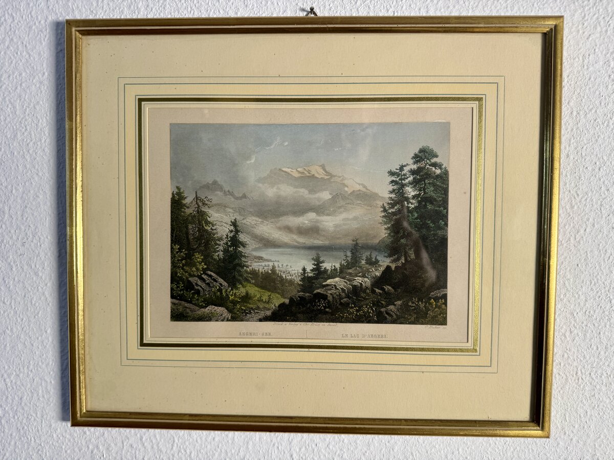 Aegeri-See / Le Lac d'Aegeri – Kolorierter Stahlstich der Ägerisee-Landschaft von C. Huber