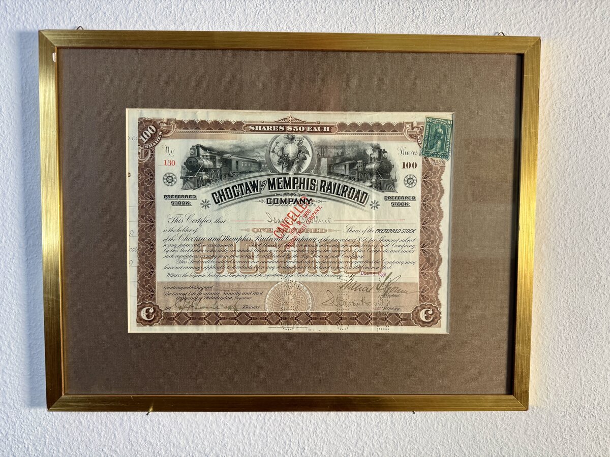 Aktien-Zertifikat Choctaw and Memphis Railroad Company – 100 Vorzugsaktien, 1898, gerahmt
