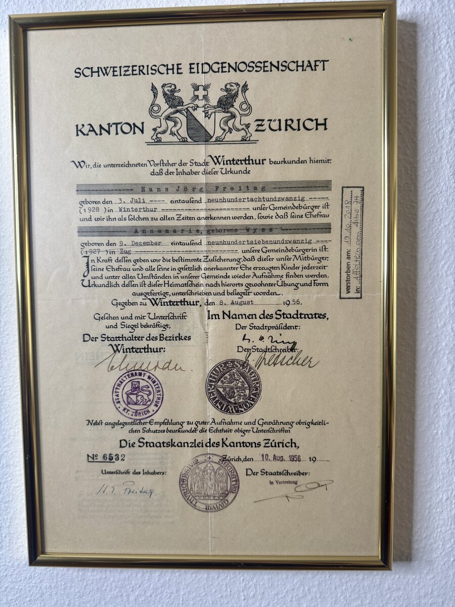 Original Heimatschein Kanton Zürich – Bürgerurkunde der Stadt Winterthur 1956