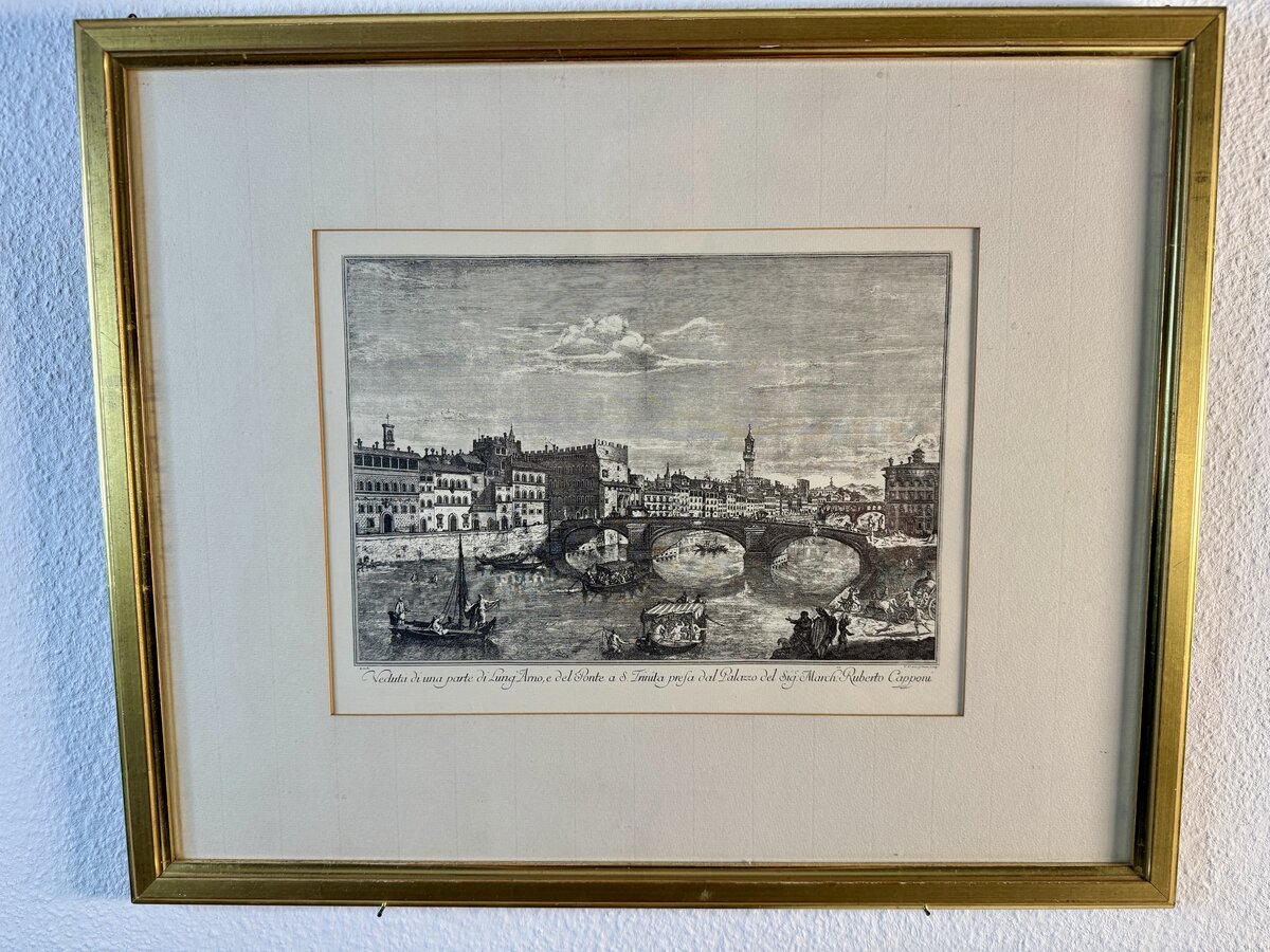Ansicht des Lungarno mit der Ponte Santa Trinita in Florenz – Kupferstich nach Giuseppe Zocchi