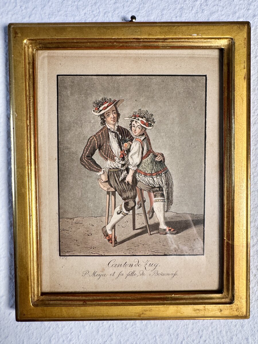 Canton de Zug – P. Meyer und seine Tochter aus Buonas, kolorierter Trachtenstich um 1800