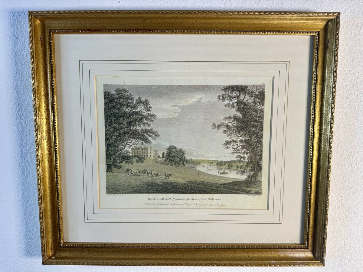Brocket Hall in Hertfordshire, Landsitz von Lord Melbourne – kolorierter Kupferstich nach Paul Sandby, 1787