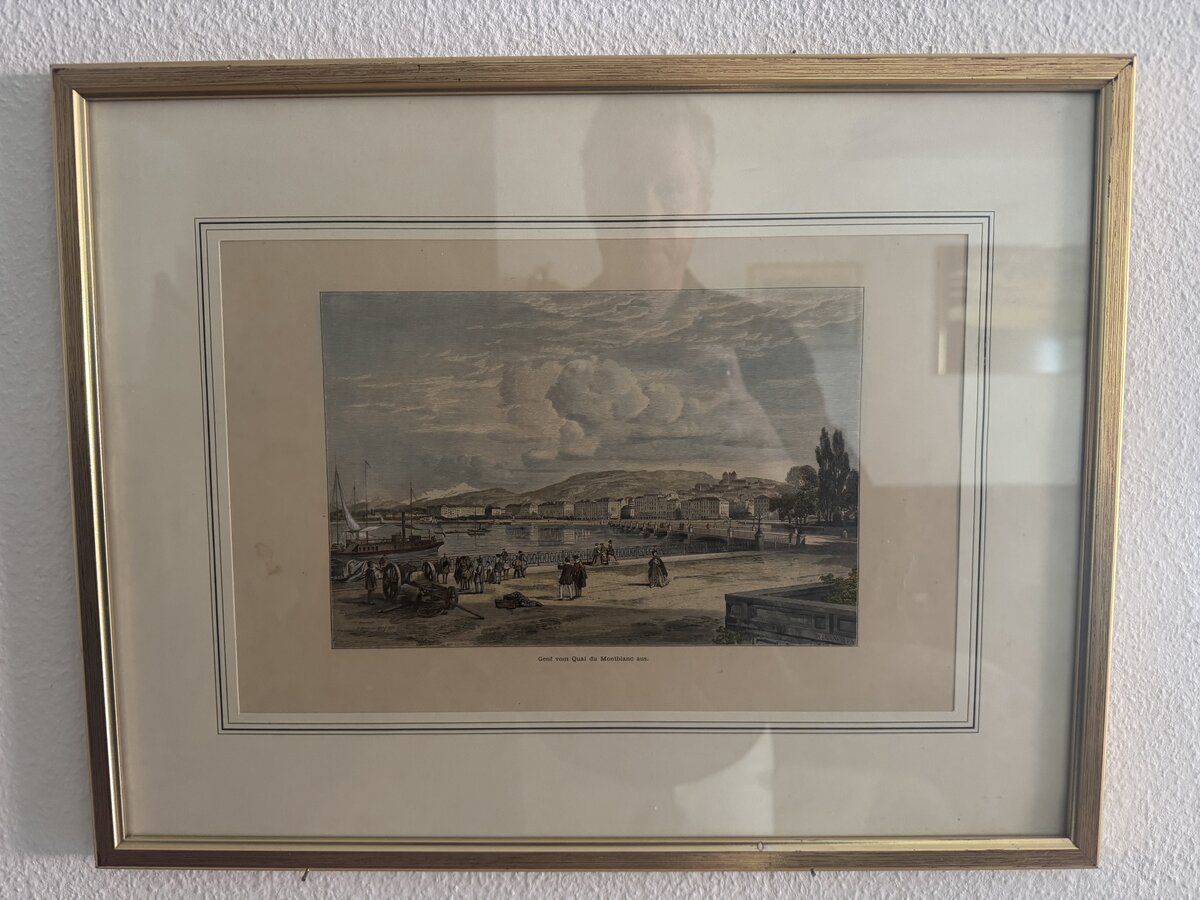 Genf vom Quai du Montblanc aus – Kolorierter Holzstich mit UBS/SBS Art Collection Provenienz