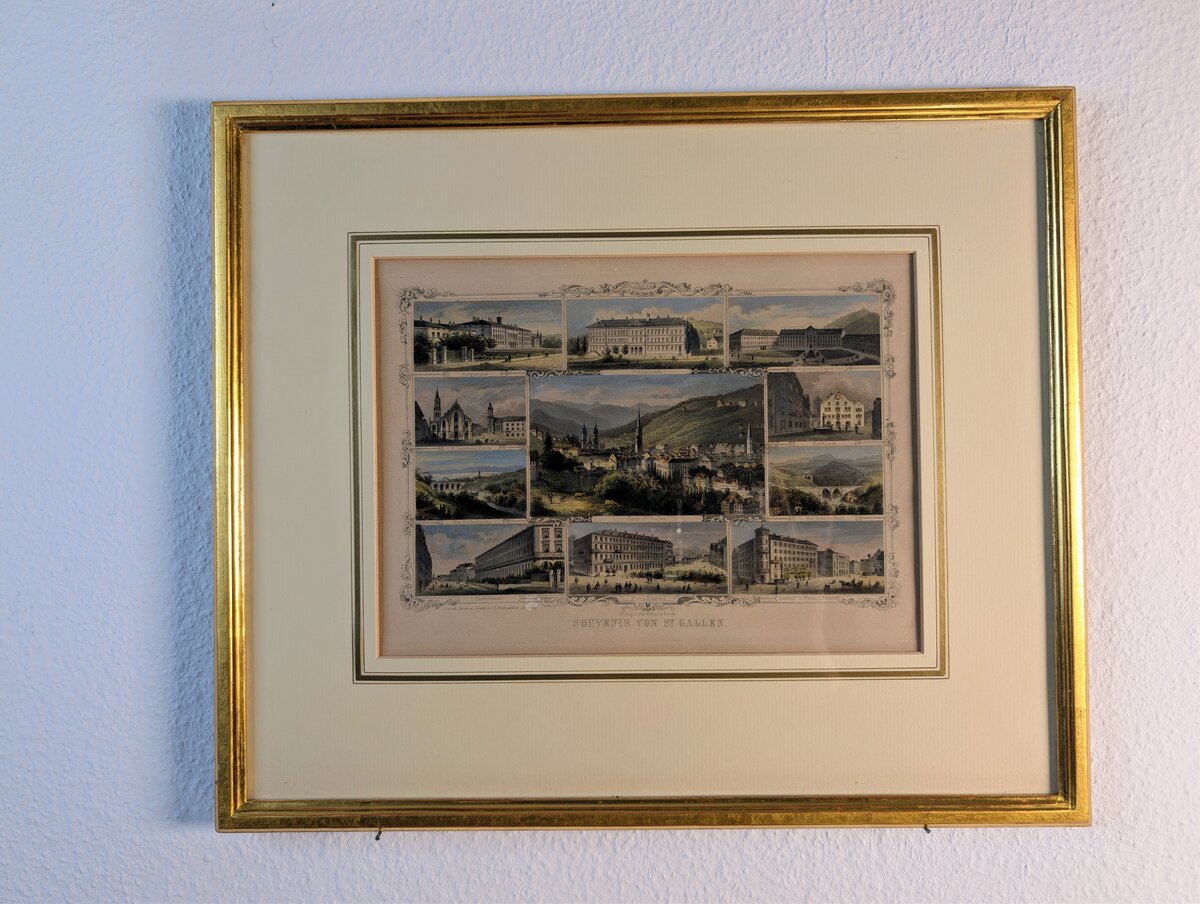Souvenir von St. Gallen – Handkolorierter Original-Stahlstich mit elf Stadtansichten, um 1860