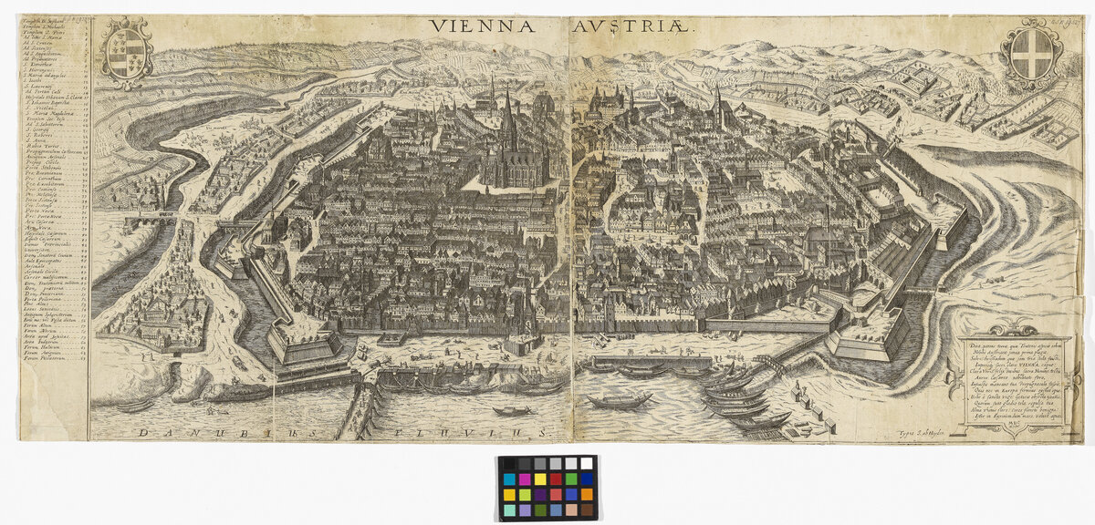 Wien in Österreich – Große Vogelschau-Ansicht der befestigten Stadt ("Vienna Austriae"), 1609