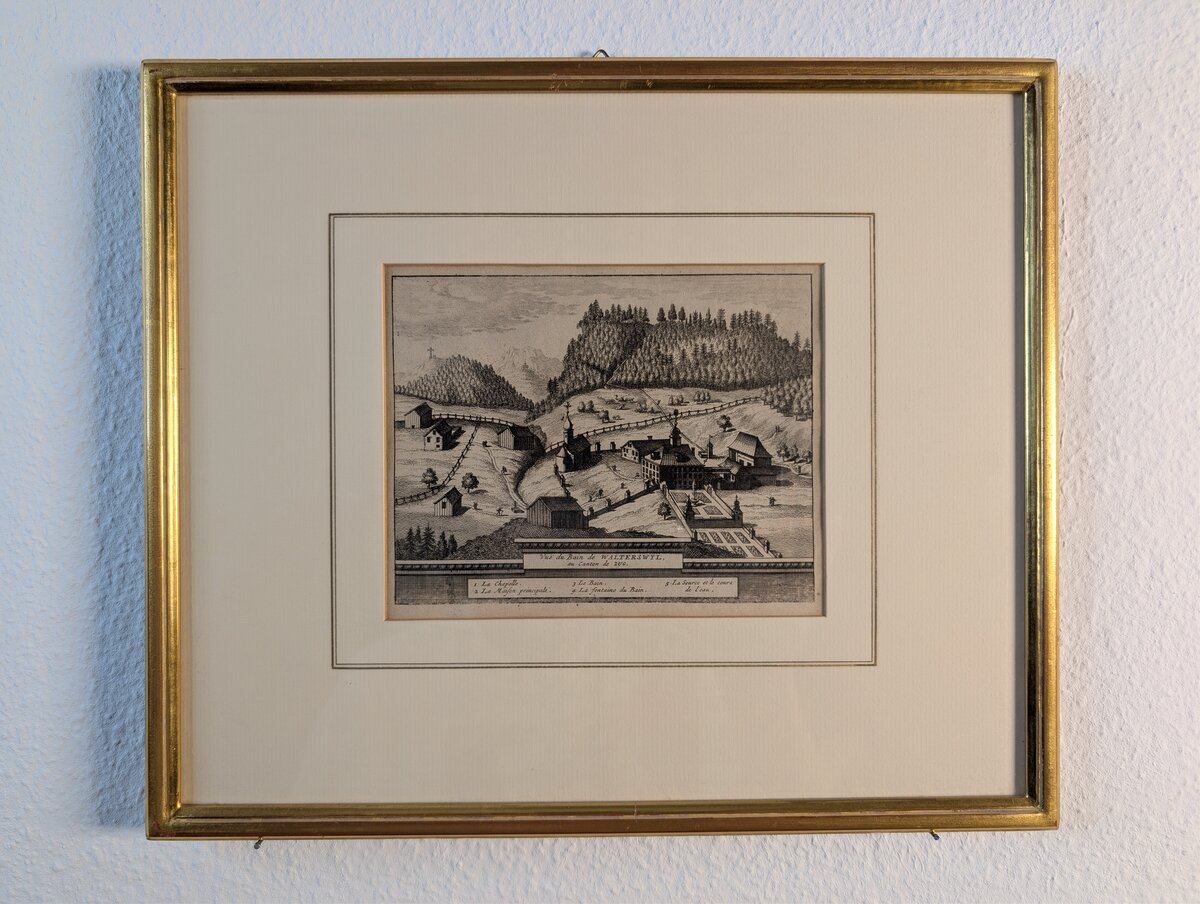 View of the Baths of Walterswyl in the Canton of Zug – Copper Engraving by Pieter van der Aa, circa 1730